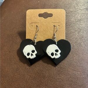Black Heart Earrings with White Skull Accents